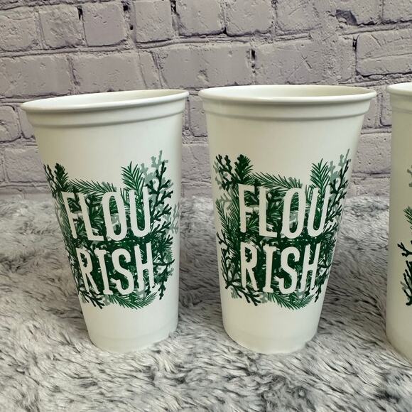 Set of 4 Starbucks Flourish White Green Plastic 16oz Reusable Coffee Cups - Picture 6 of 8